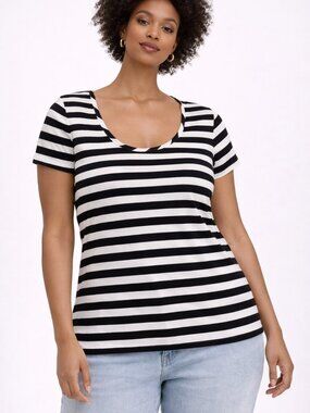 White House Black Market Black & White Striped Scoop Neck Top